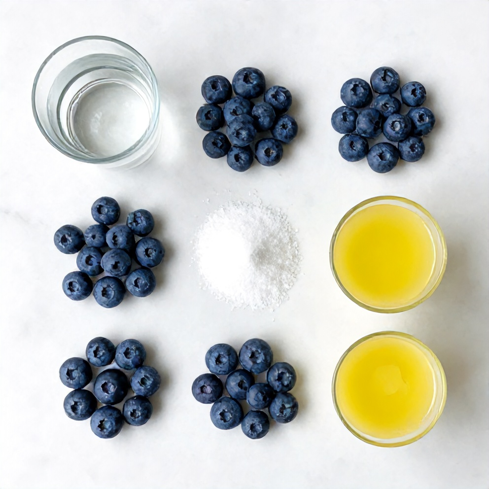 Blueberries, lemon juice, water, and sweetener on a wooden surface