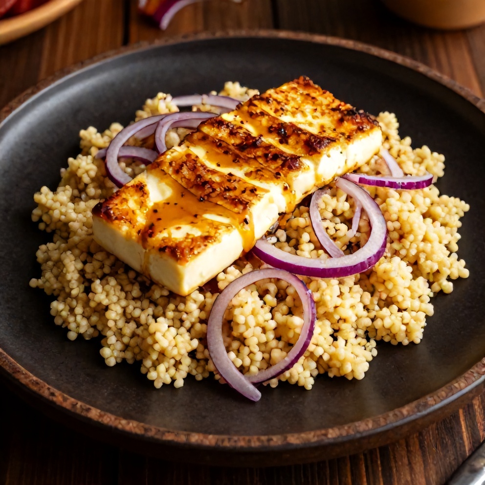 Plated Honey Halloumi Couscous Salad with Sumac Onions