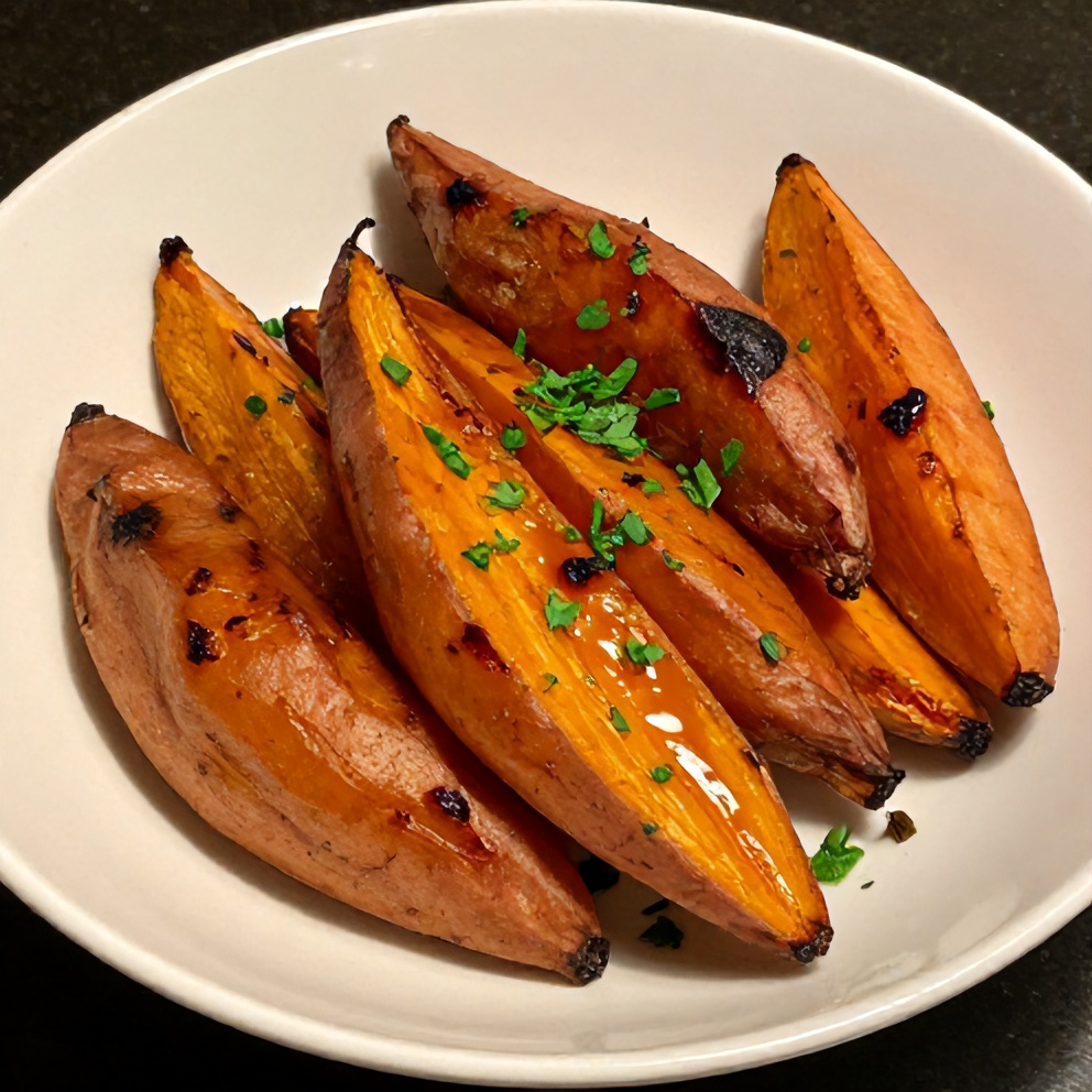 Plated serving of honey roasted sweet potatoes with a sprinkle of chopped parsley