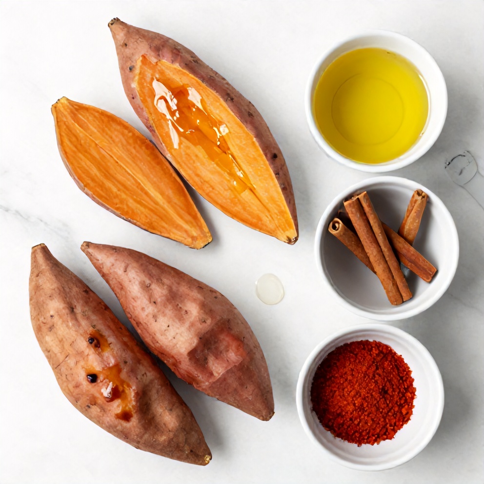Raw ingredients for honey roasted sweet potatoes including sweet potatoes, honey, olive oil, cinnamon, and paprika