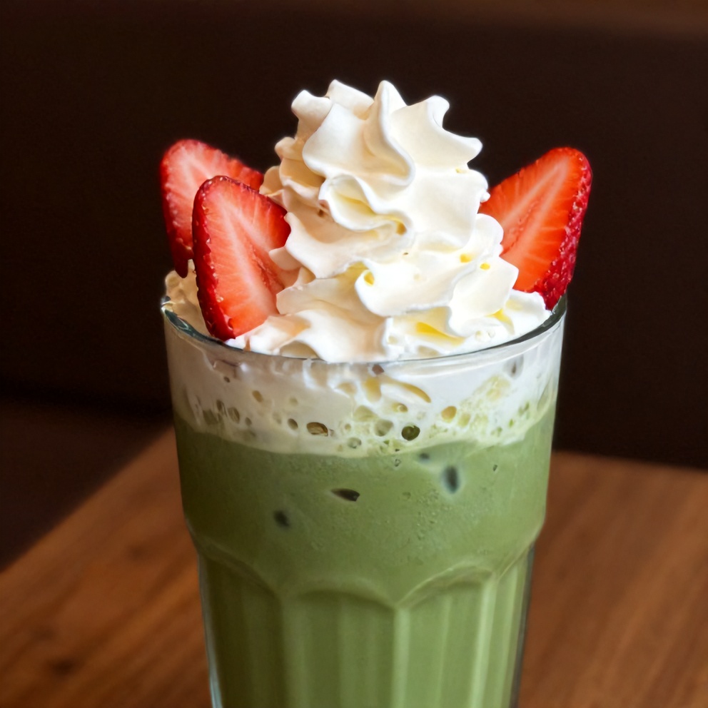 Iced Matcha Strawberry Latte with a straw