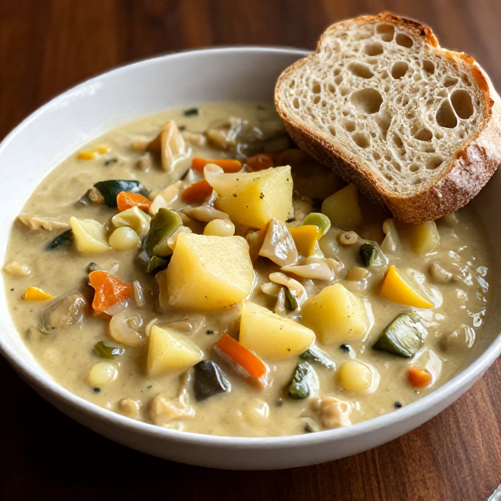 Bowl of Irish Vegetarian Stew with crusty bread