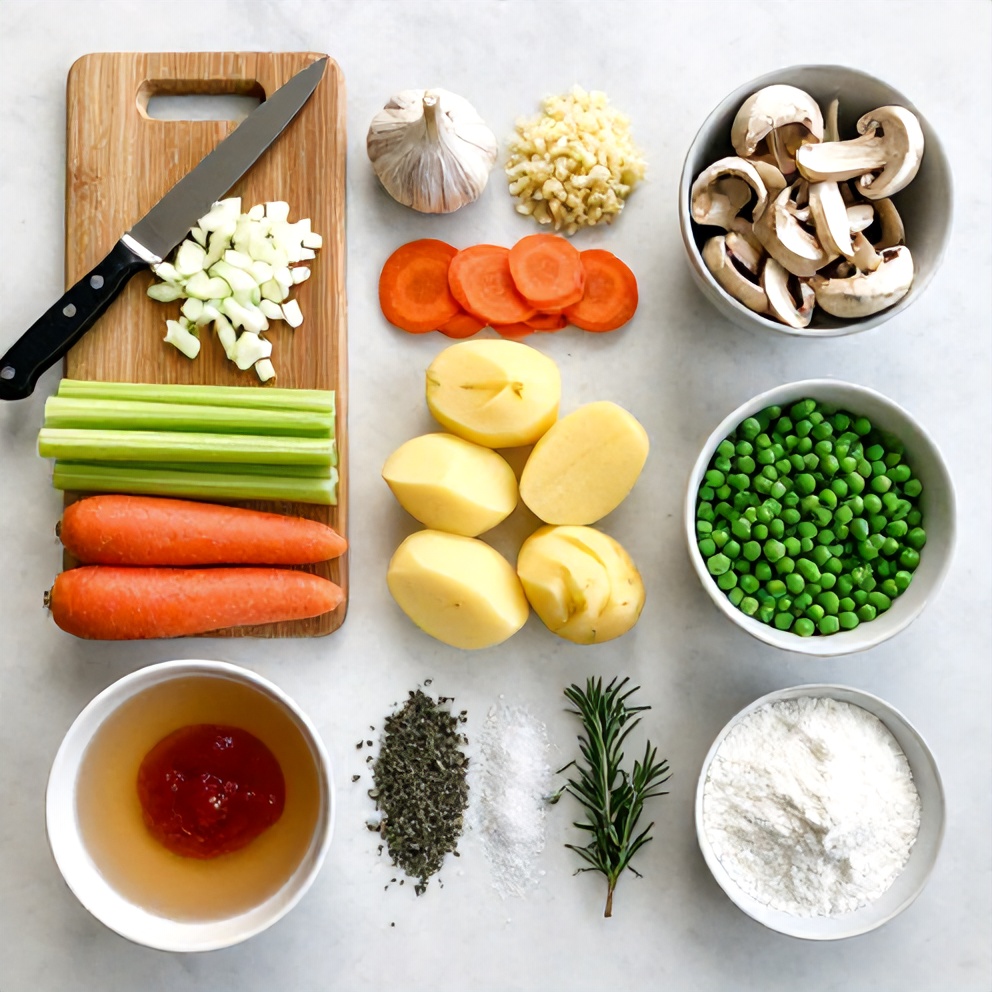 Raw ingredients for Irish Vegetarian Stew on a marble surface