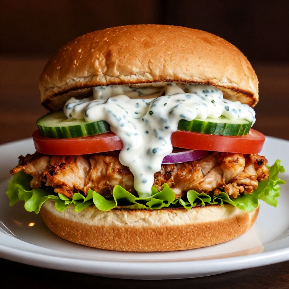 Plated Greek chicken burger with tzatziki sauce