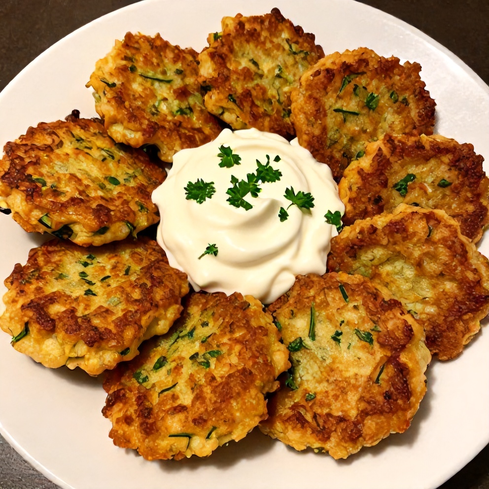 Plated Keto Zucchini Parmesan Fritters with sour cream dip