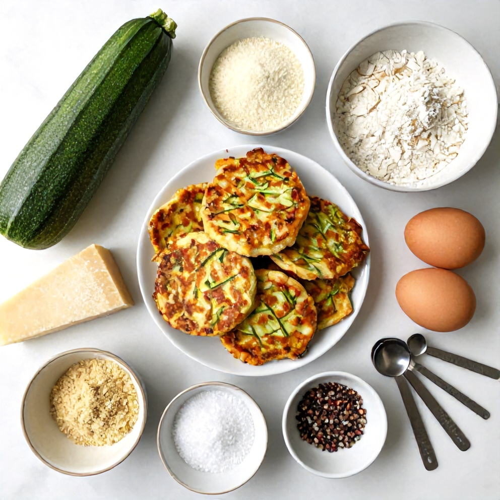 Raw ingredients for Keto Zucchini Parmesan Fritters laid out