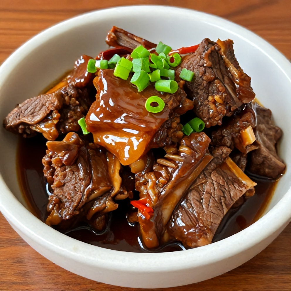 Serving of Korean Braised Beef Short Ribs topped with green onions. Classic ceramic bowl showing rich sauce and meat.