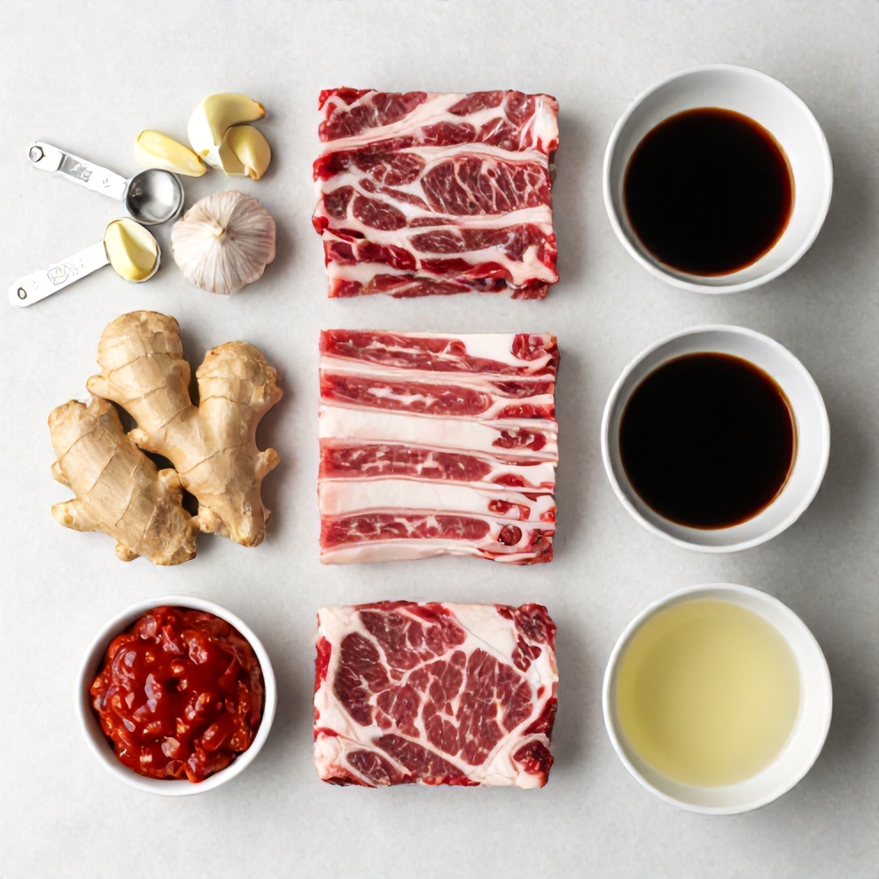 Fresh beef short ribs, garlic, ginger, soy sauce, gochujang, and mirin arranged in a flat lay. Measuring spoons and bowls nearby.