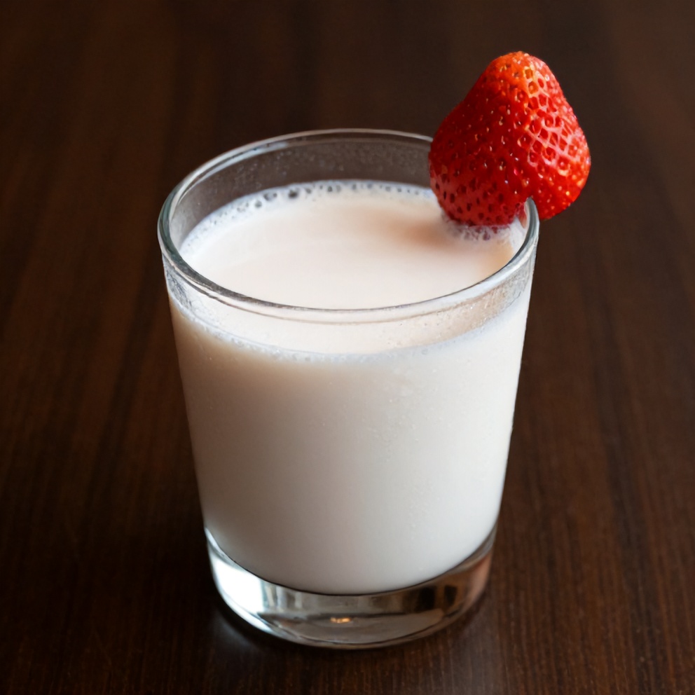 A glass of Korean strawberry milk with a strawberry garnish