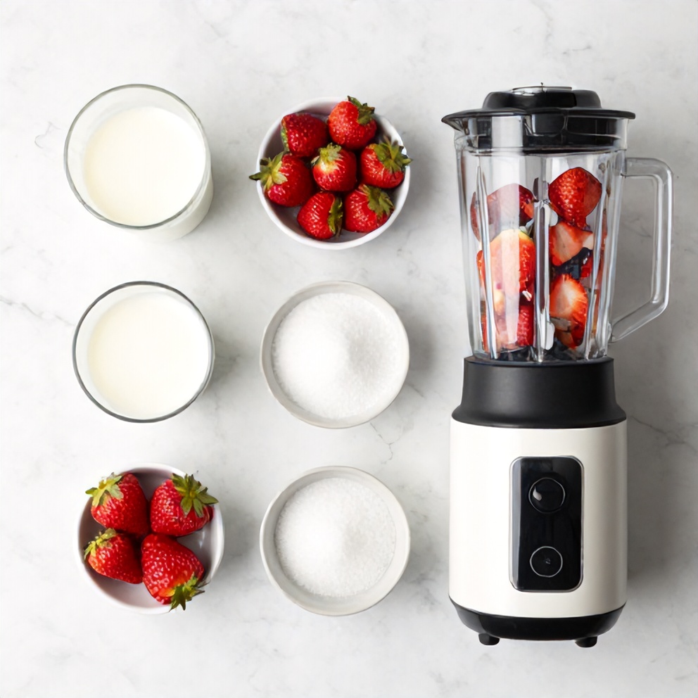 Strawberries, milk, sugar, and a blender on a wooden surface
