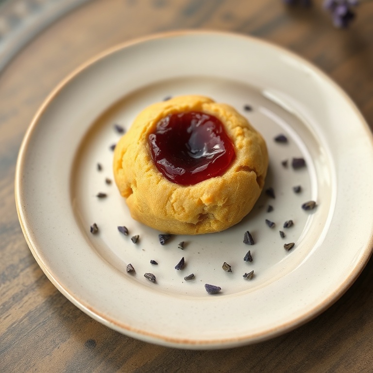 A small rustic plate holds one thumbprint cookie with apricot jam and a lavender sprinkle as garnish, close-cropped with golden cookie texture highlighted by warm side light.