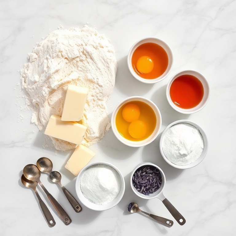 Overhead view of flour, unsalted butter sticks, granulated sugar, dried lavender buds, and a jar of apricot jam in prep bowls on a white marble surface, with measuring spoons beside them.