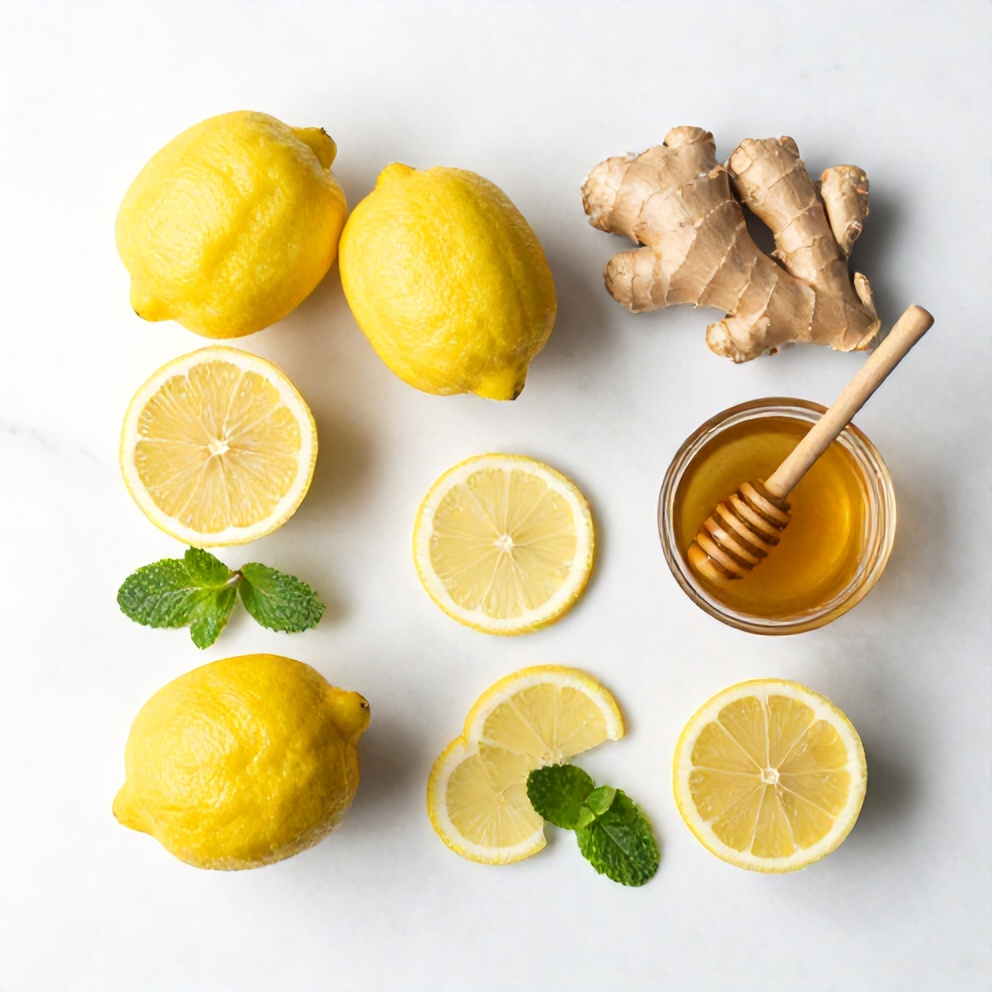 Lemon, ginger, honey, and mint leaves on a wooden surface
