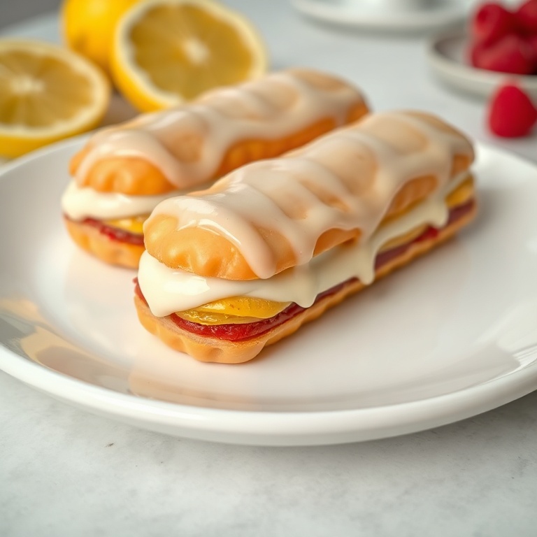 Lemon Raspberry Eclairs with glaze on a white plate