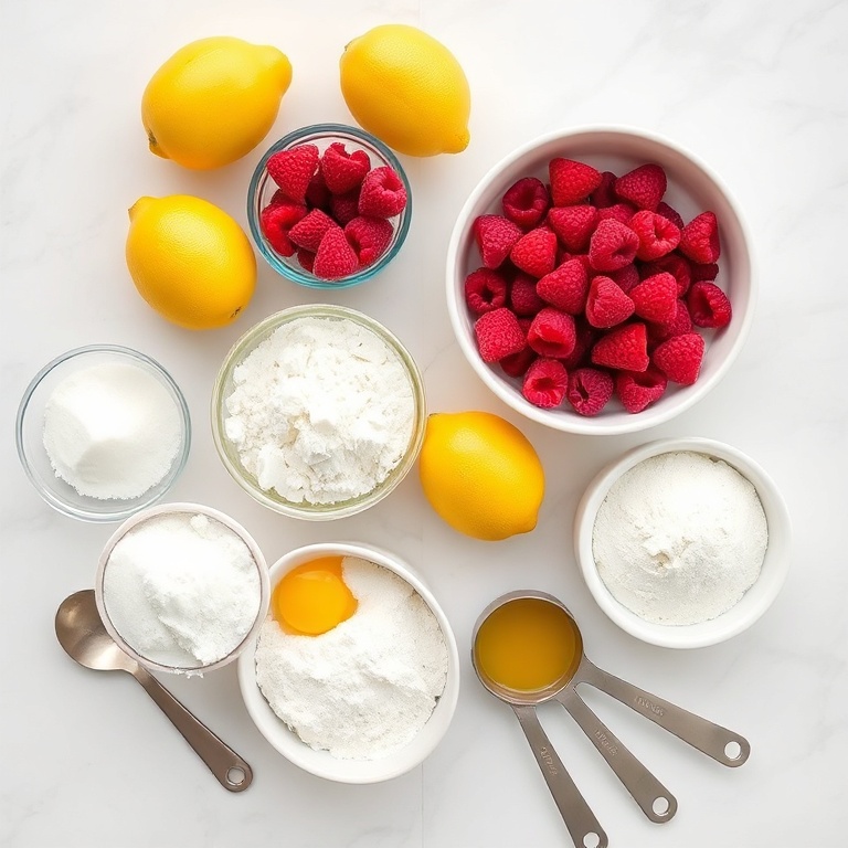 Fresh raspberries, lemons, flour, sugar, eggs, and butter arranged in a flat lay