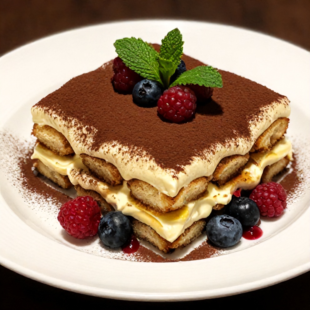 Plated Lemon Tiramisu with fresh berries and mint leaves