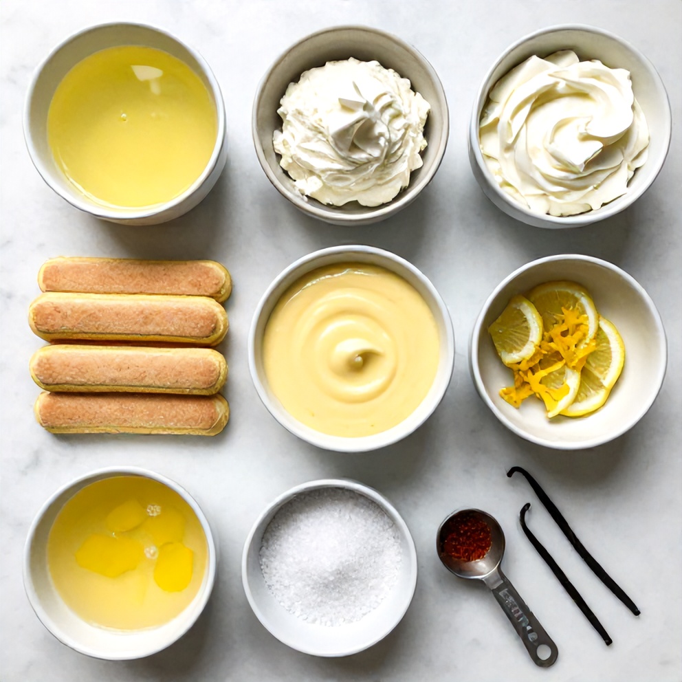 Lemon Tiramisu ingredients including ladyfingers, mascarpone, lemon curd, and whipped cream