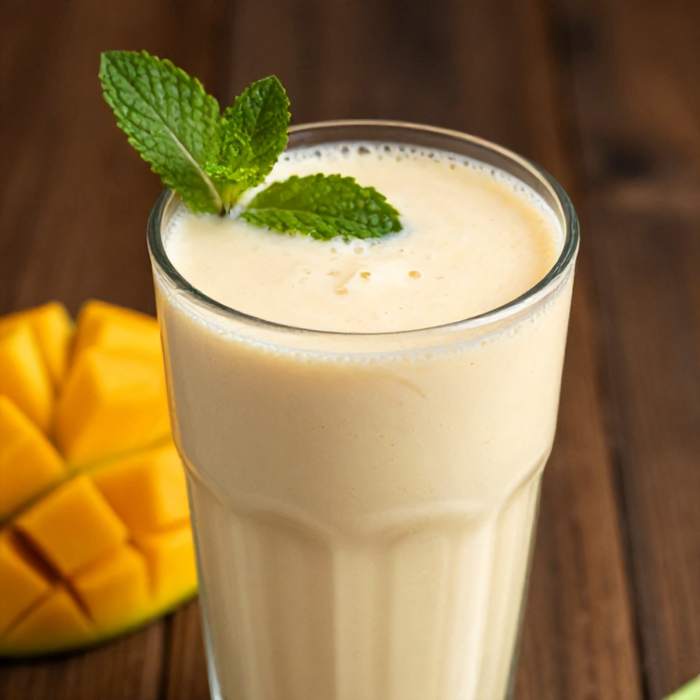 Mango Coconut Protein Shake garnished with a mint leaf