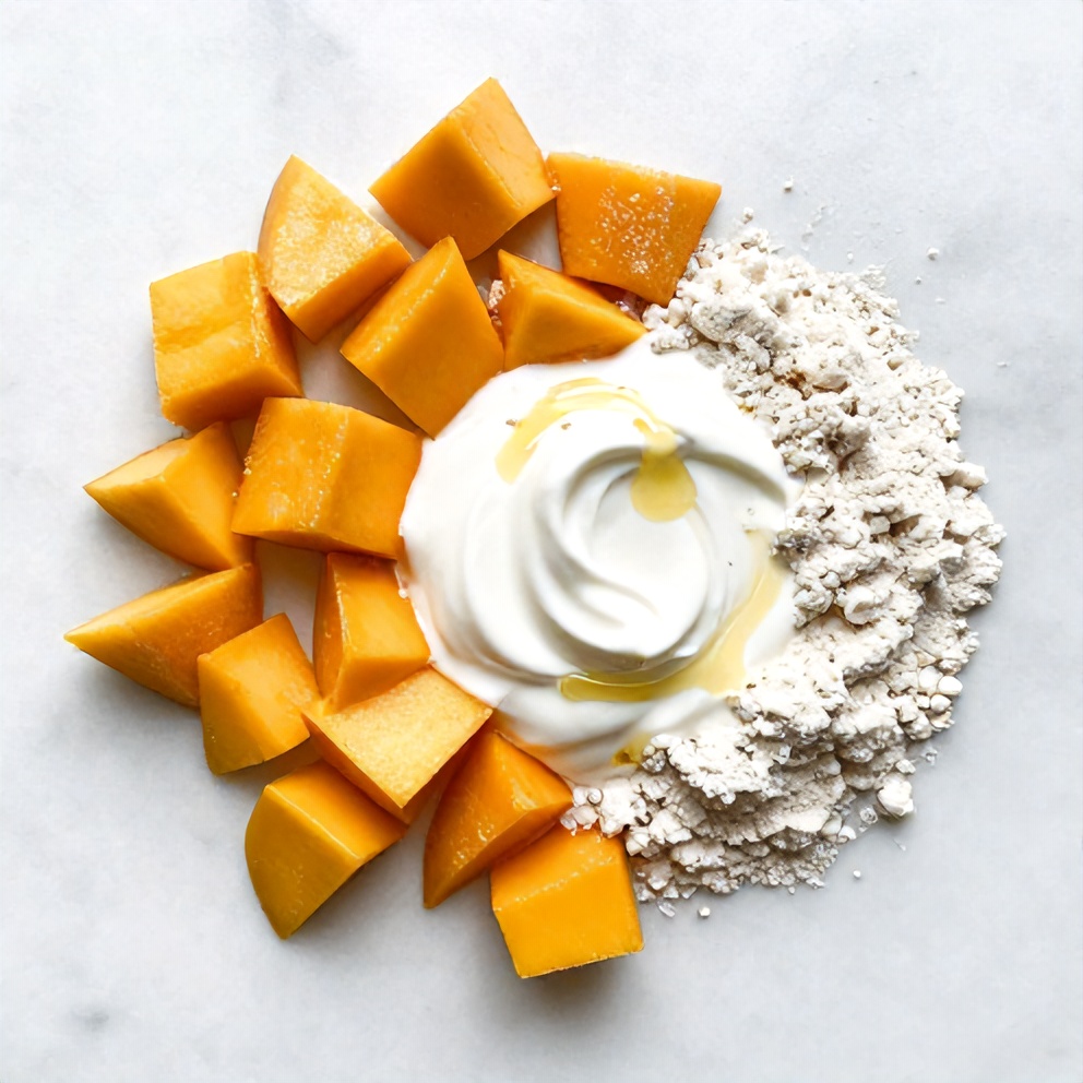 Raw ingredients for Mango Coconut Protein Shake on a marble surface