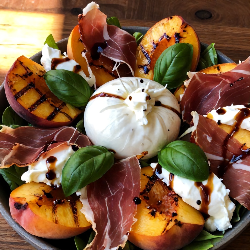 Mediterranean Grilled Peach and Prosciutto Salad with Burrata