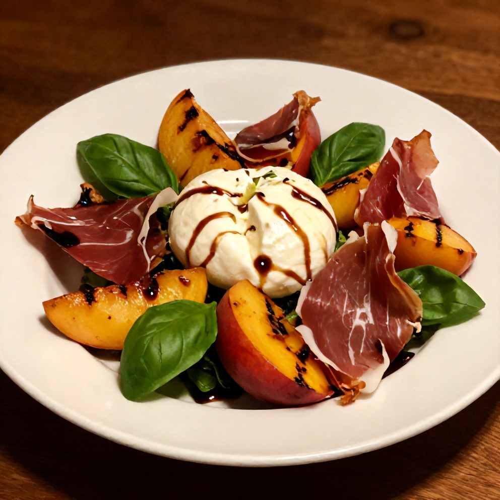 Mediterranean Grilled Peach and Prosciutto Salad with Burrata