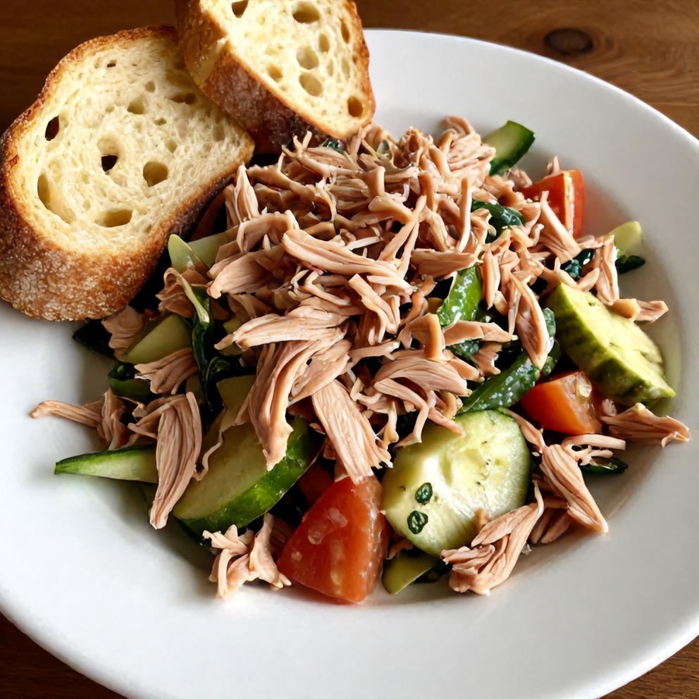Mediterranean Tuna Salad plated with a side of crusty bread