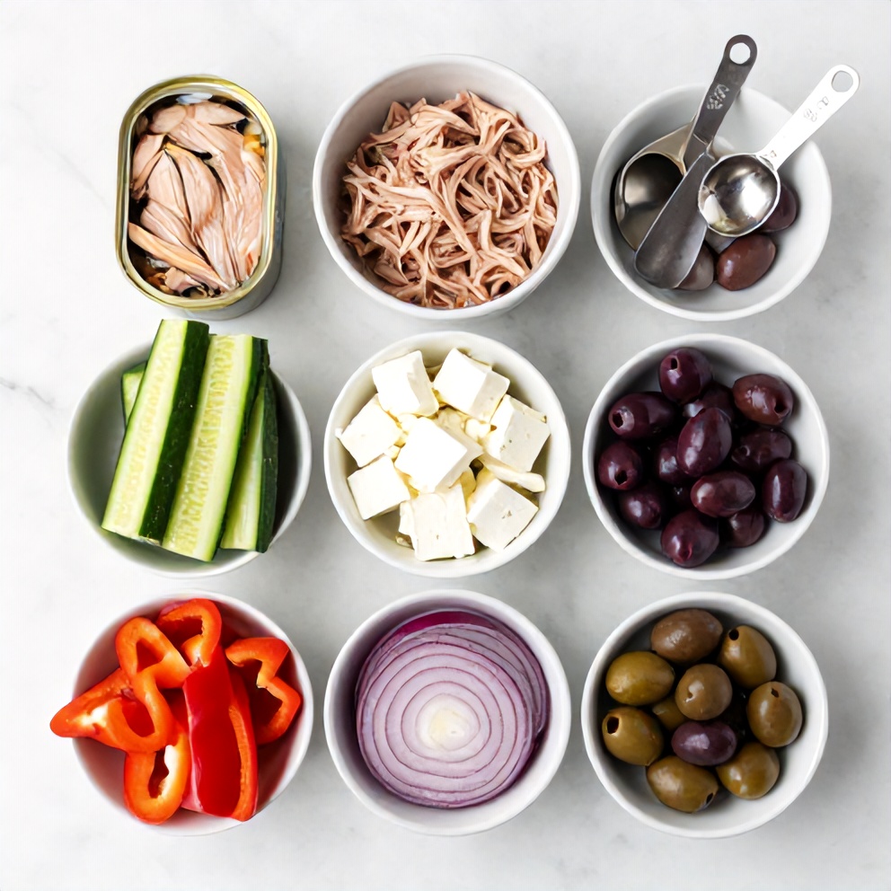 Mediterranean Tuna Salad ingredients: canned tuna, cucumber, bell pepper, red onion, feta, olives, and dressing