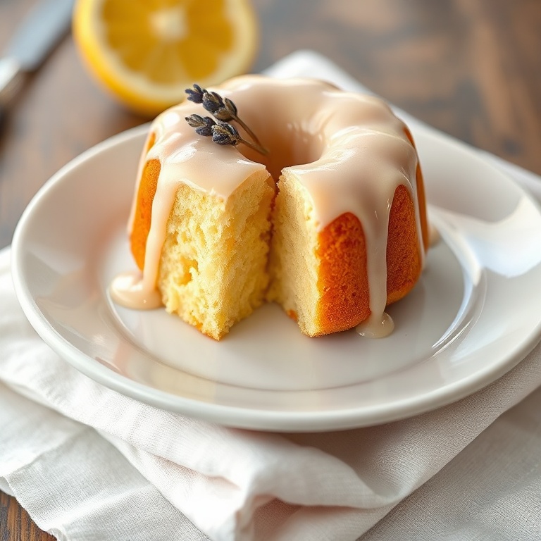 One plated mini lemon cake with lavender glaze, garnished with dried lavender buds, on a white ceramic plate in warm natural light.