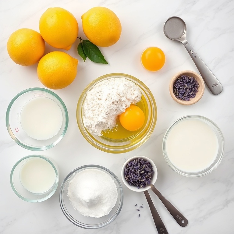 Overhead view of raw ingredients including lemons, flour, eggs, butter, lavender, and sugar arranged on white marble. Small prep bowls and measuring spoons.