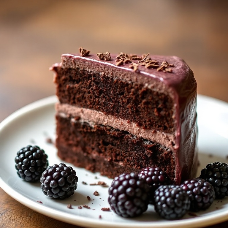 Moist Blackberry Chocolate Cake plated on a white plate with fresh blackberries and chocolate shavings. Warm side lighting highlights the texture.