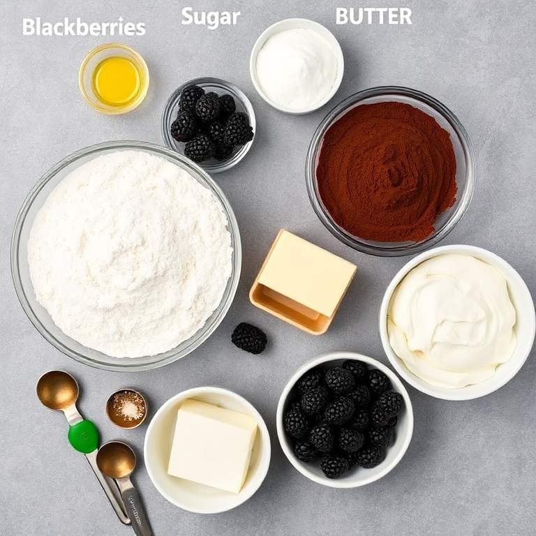Fresh blackberries, flour, sugar, cocoa powder, eggs, butter, and cream cheese arranged in an overhead flat lay. Measuring spoons and bowls visible.