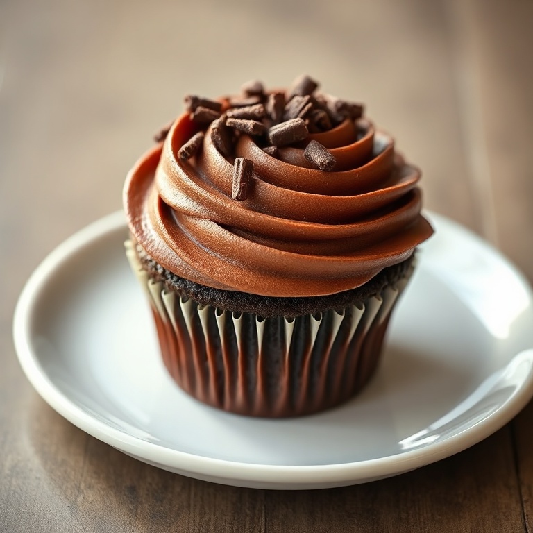 One chocolate cupcake with glossy buttercream and chocolate sprinkles on a white plate, garnished with shaved chocolate curls, close up with warm lighting.
