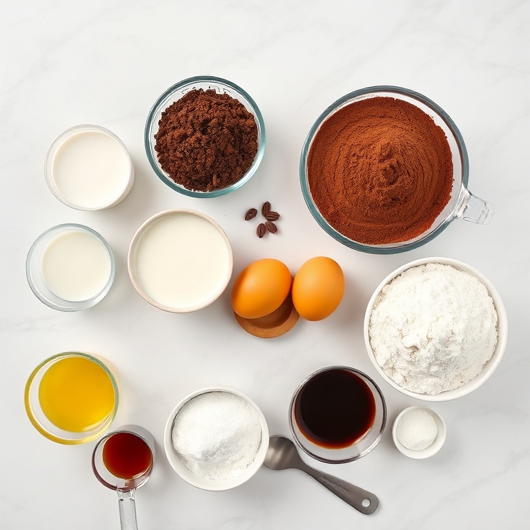 Overhead of cocoa powder, flour, eggs, butter, and sugar arranged with baking tools for chocolate cupcakes on a white marble surface with bright light.