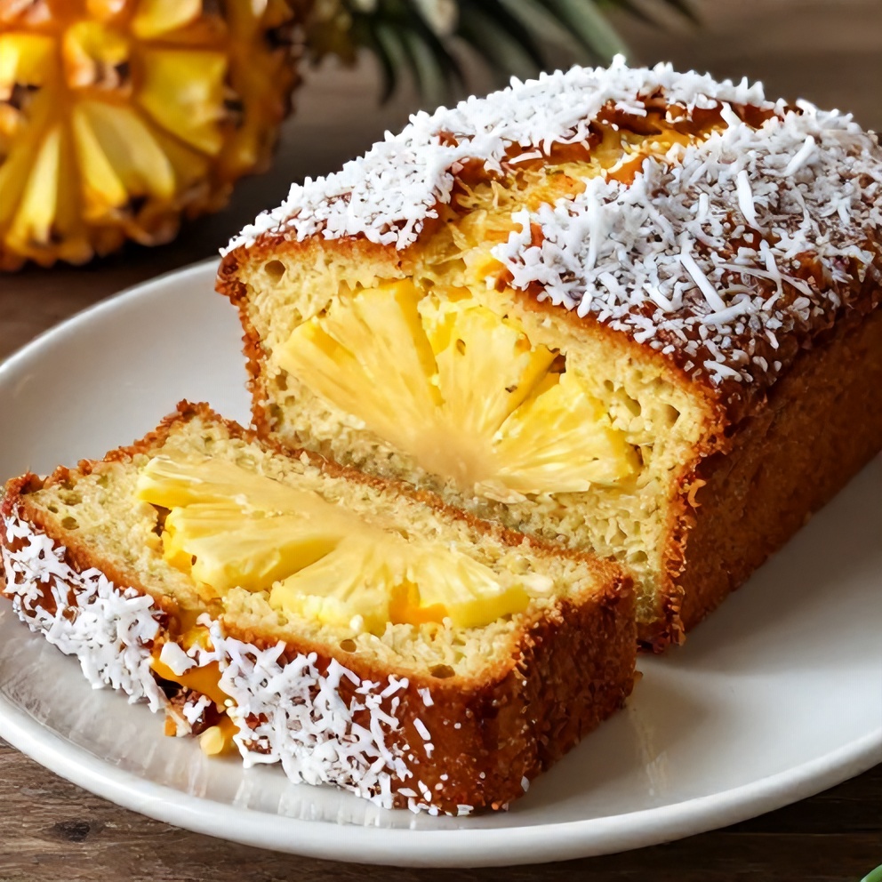 Perfectly sliced Moist Pineapple Coconut Bread with fresh pineapple and coconut garnish. Served on a white ceramic plate with warm side lighting.