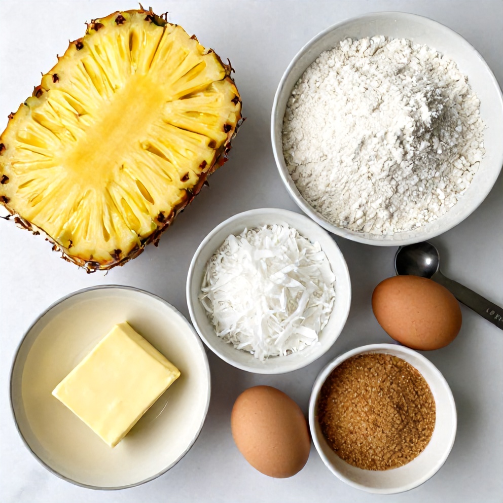 Raw ingredients for Moist Pineapple Coconut Bread: fresh pineapple, shredded coconut, all-purpose flour, butter, eggs, and brown sugar. Measuring spoons and bowls visible on white marble surface.