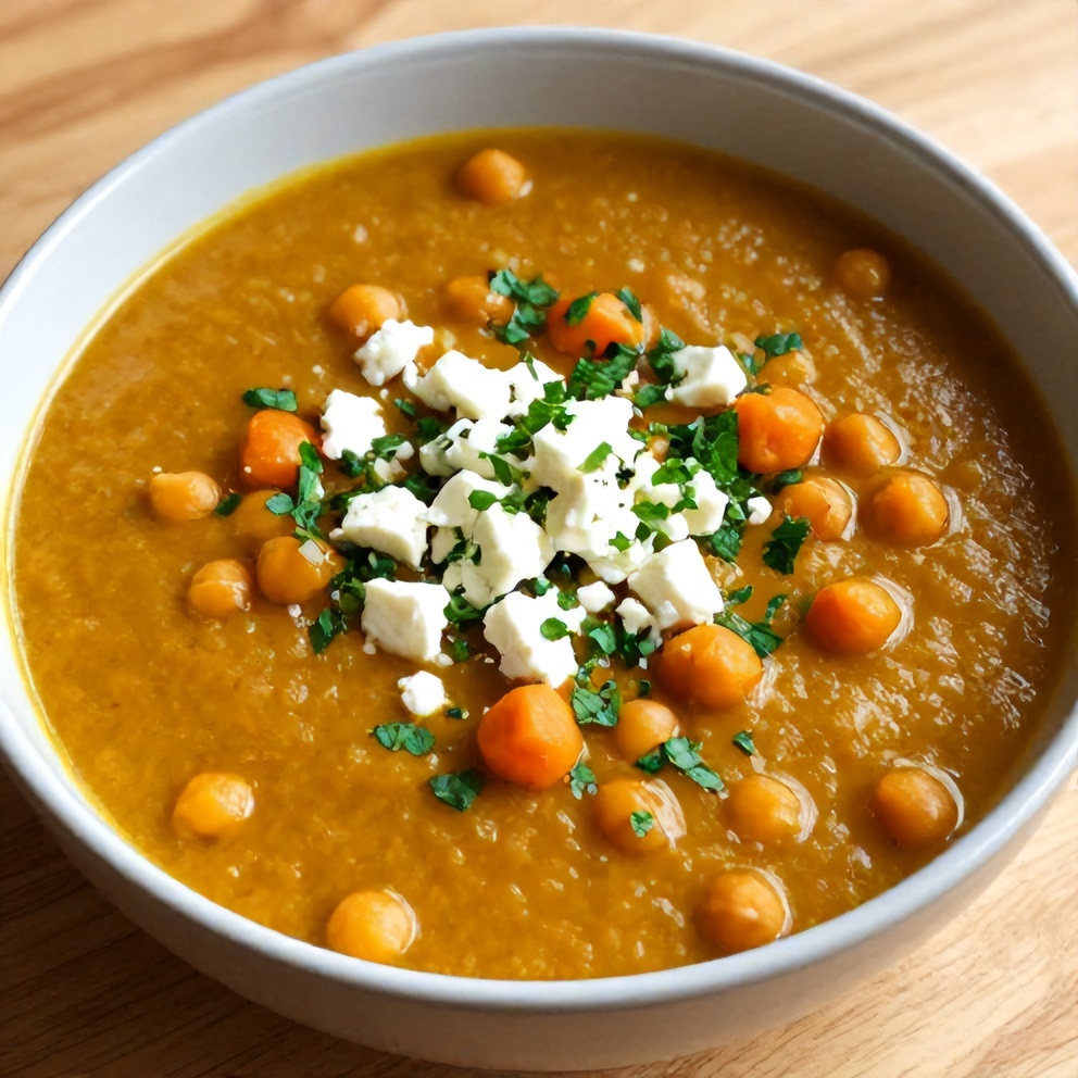 Plated serving of Moroccan sweet potato and chickpea soup