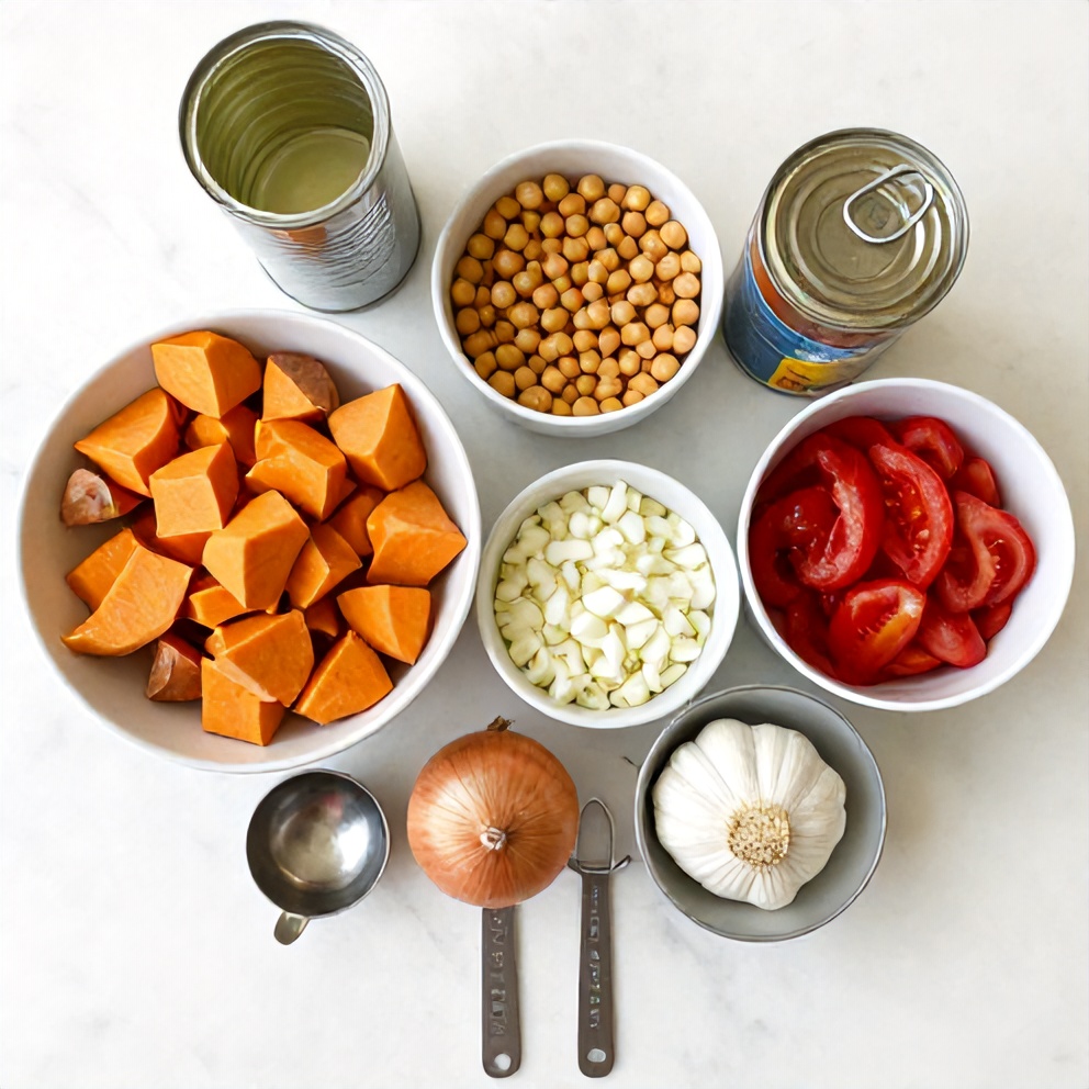 Raw ingredients for Moroccan sweet potato and chickpea soup
