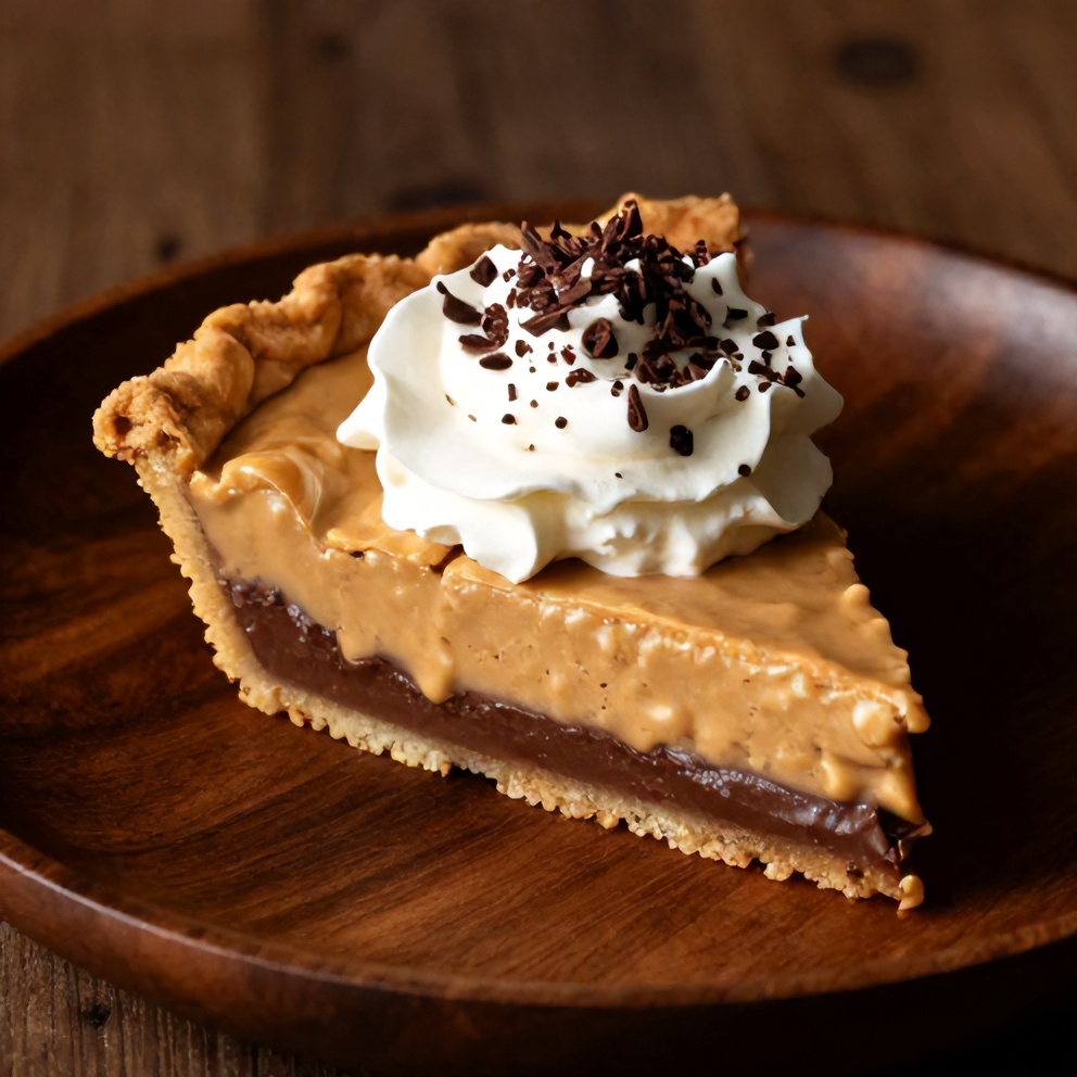 Sliced No-Bake Chocolate Peanut Butter Pie on a plate with a dollop of whipped cream and chocolate shavings