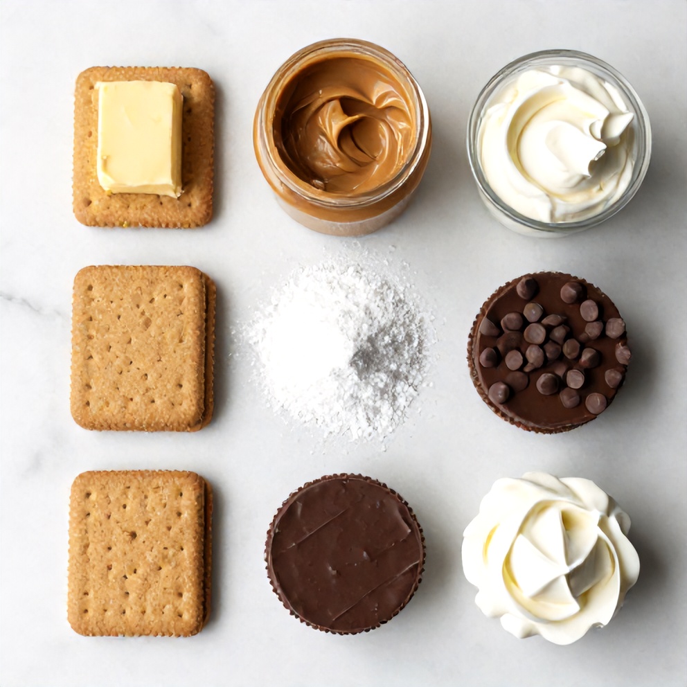 Raw ingredients for No-Bake Chocolate Peanut Butter Pie: graham crackers, butter, peanut butter, powdered sugar, heavy cream, chocolate chips, and whipped cream