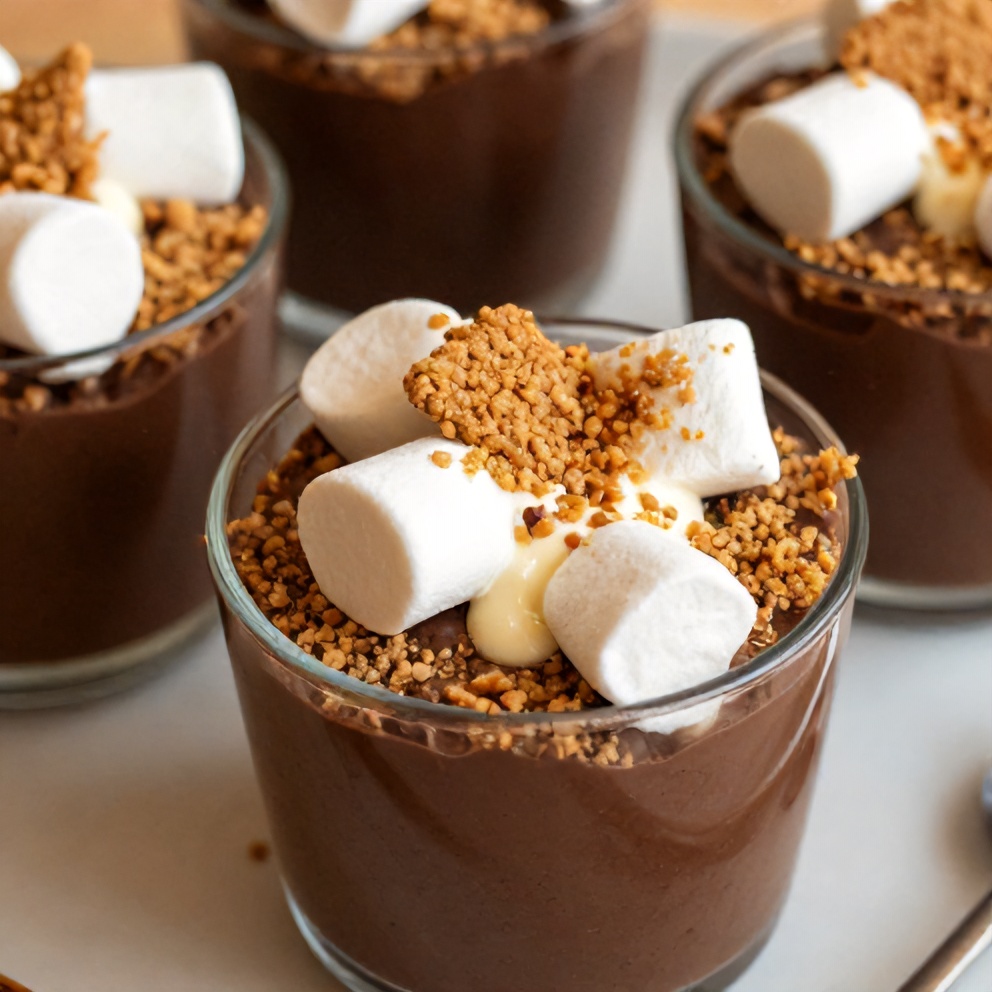 No Bake S’mores Pudding Cups ready to serve with chocolate pudding, crushed graham crackers, and melted marshmallows