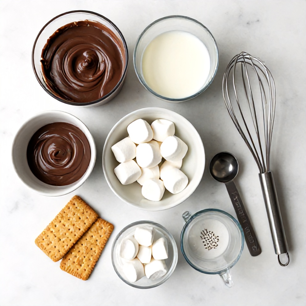 Ingredients for No Bake S’mores Pudding Cups including chocolate pudding mix, milk, graham crackers, and marshmallows