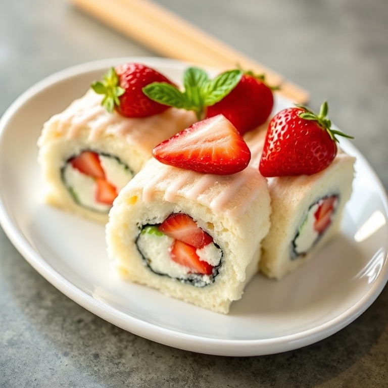 Plated no-bake strawberry shortcake sushi roll slices, topped with extra strawberries and mint leaves, on a white oval plate with a close, warm light showing texture.