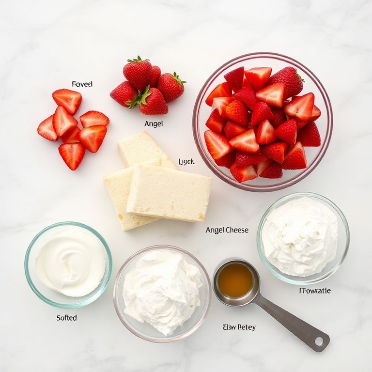 Overhead view of sliced strawberries, angel food cake slices, softened cream cheese, powdered sugar, and whipped topping arranged with small bowls and measuring spoons.
