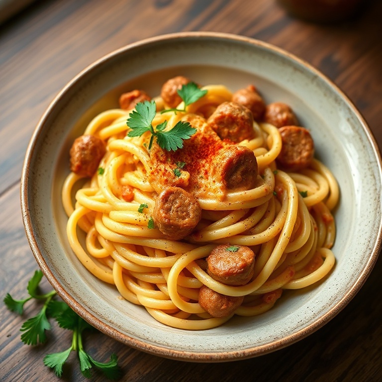 One pot creamy cajun sausage pasta plated in a deep bowl. Topped with fresh parsley and a sprinkle of paprika.