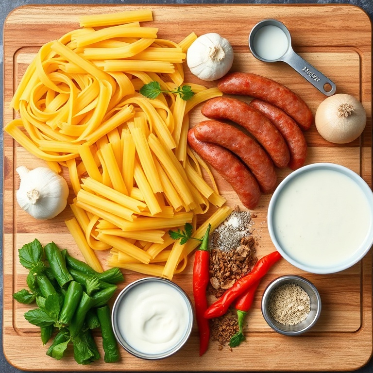 Fresh pasta, smoked sausage, garlic, onion, bell peppers, heavy cream, and spices arranged in a flat lay on a wooden board.