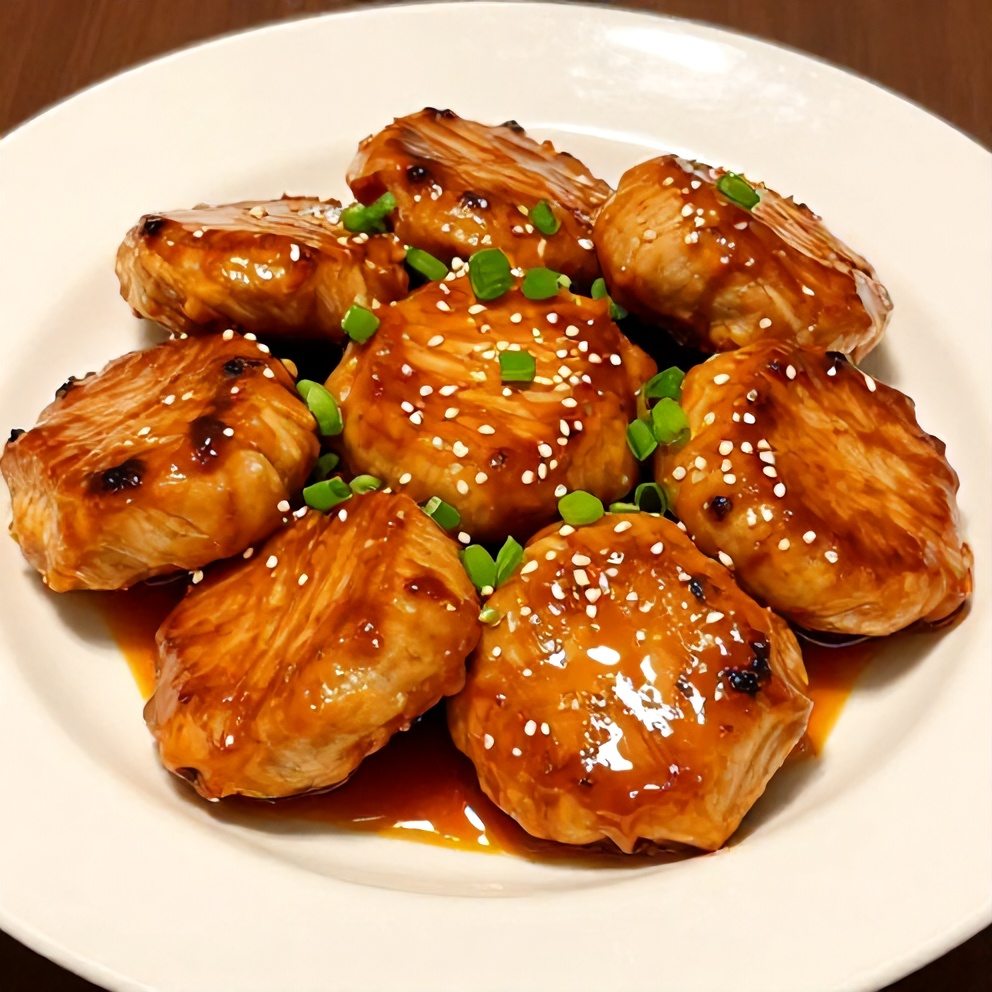 Orange Teriyaki Turkey Medallions plated on a white plate