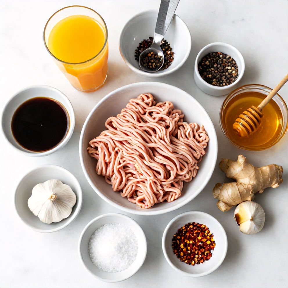 Raw ingredients for Orange Teriyaki Turkey Medallions on a white marble surface