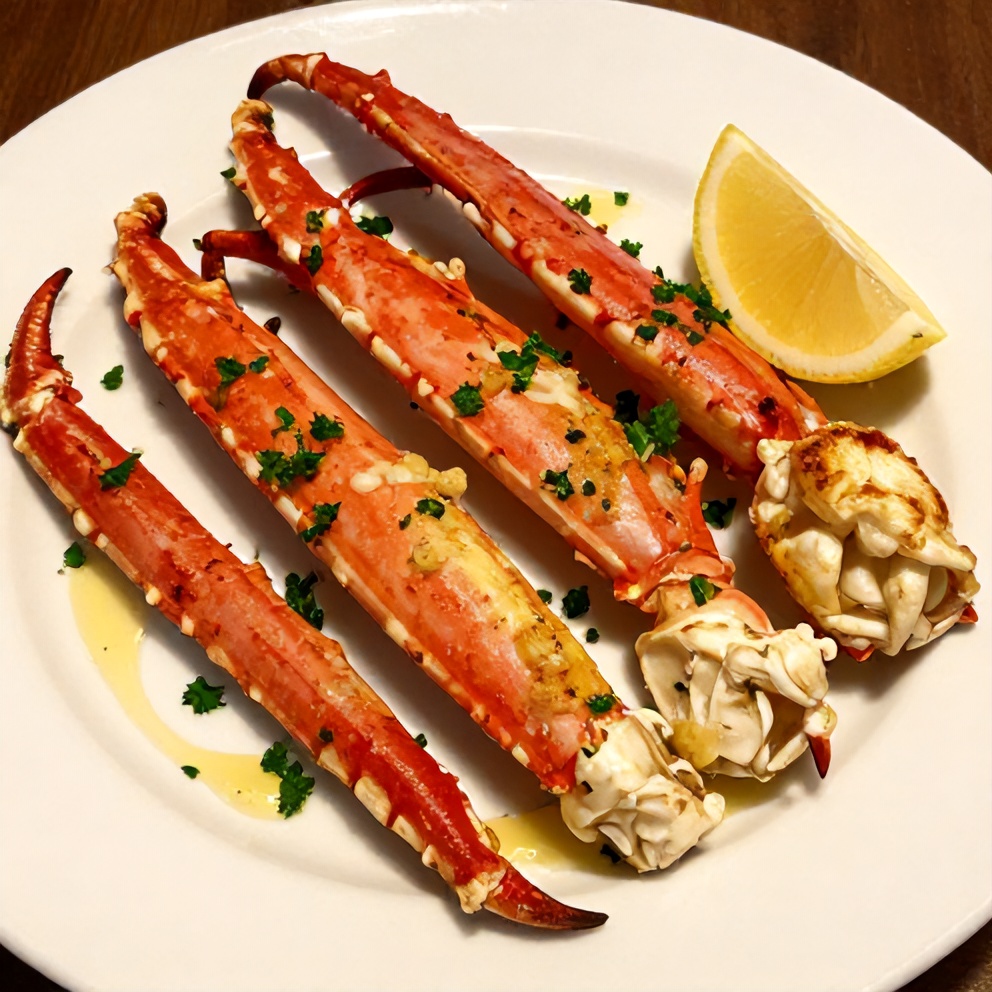 Plated oven baked snow crab legs with melted butter and lemon wedges