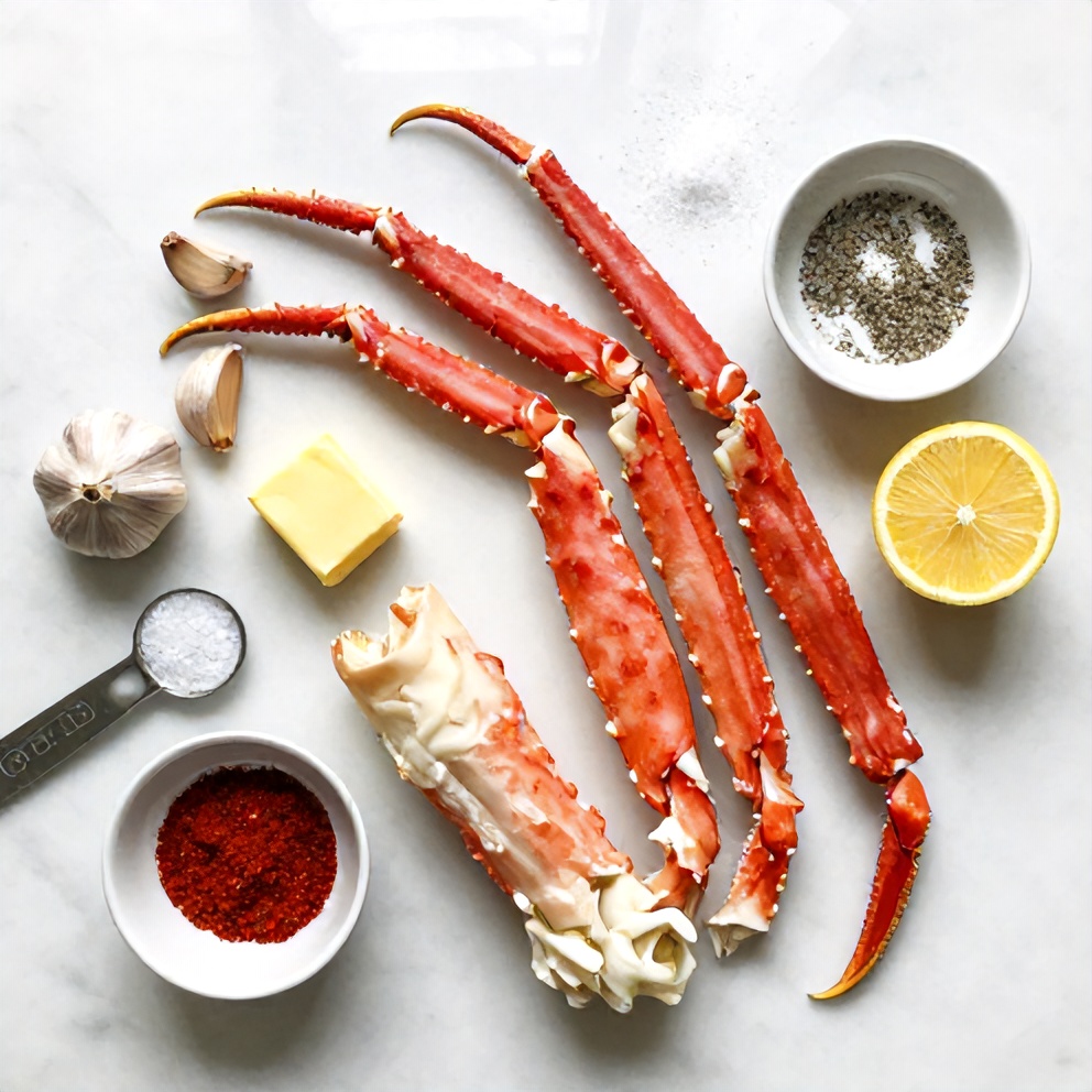 Raw snow crab legs, garlic, butter, lemon, and seasonings laid out