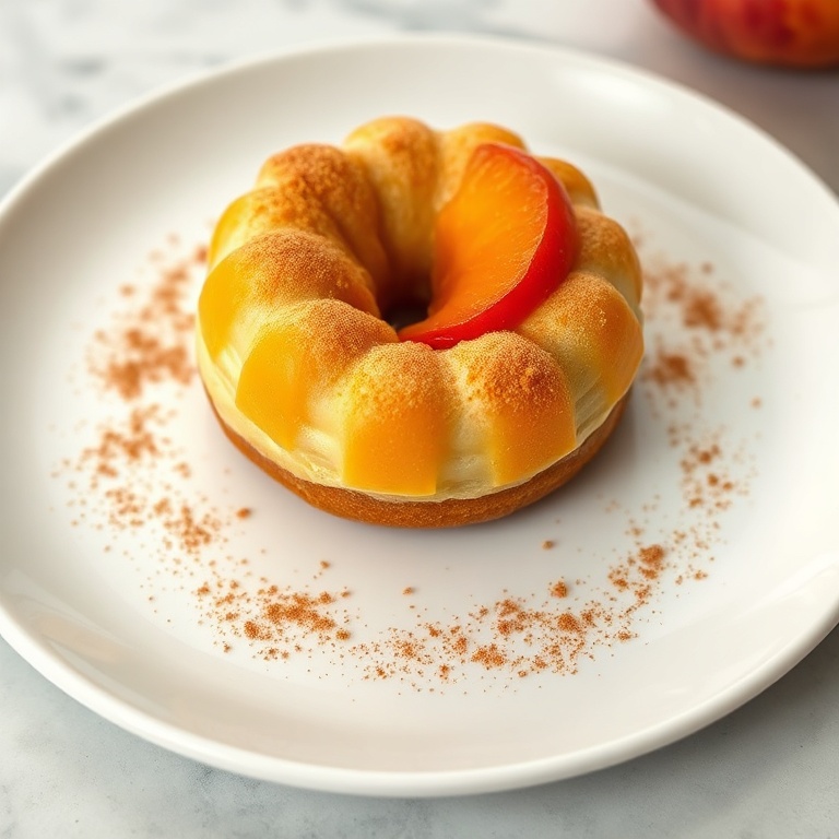 A single peach cobbler cheesecake donut on a white plate with a sprinkle of cinnamon sugar. Close crop shows the golden crust and peach topping.